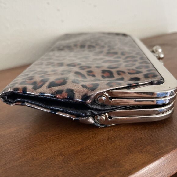 Leopard Cheetah Print Vinyl Clutch Wallet Double Kisslock & Magnetic Purse Retro - Picture 5 of 16